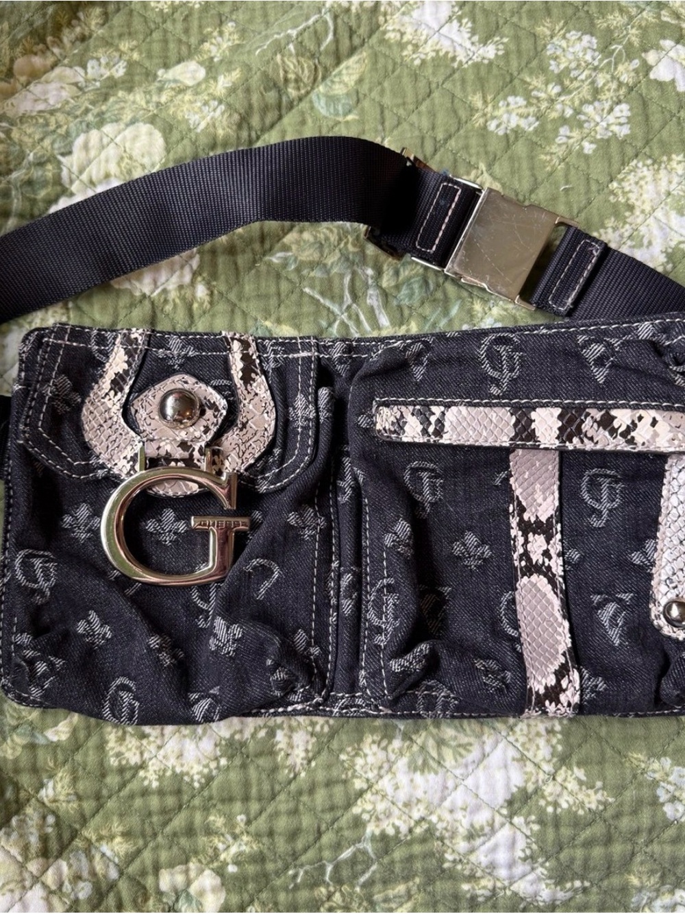 Guess Y2K 2000’s Black Monogram Belt Bag with Snake-Print Trim